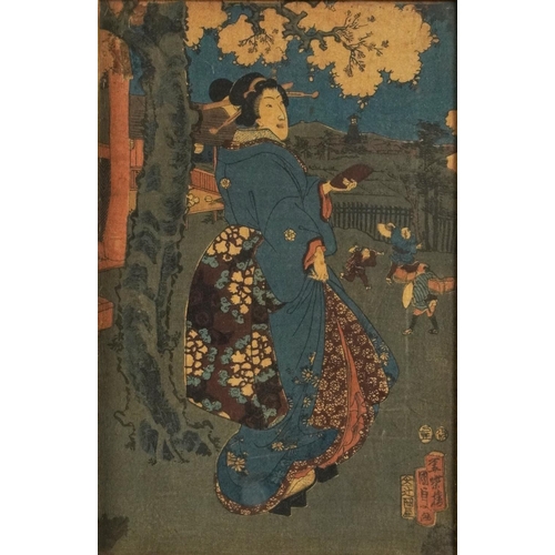 1582 - Geishas and children playing, pair of Japanese crepe paper pictures, mounted, framed and glazed, eac... 