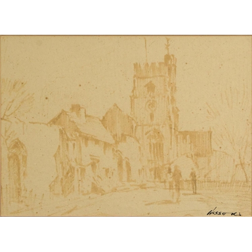 51 - Edward Wesson - Figures before a church, watercolour wash, details verso, mounted, framed and glazed... 