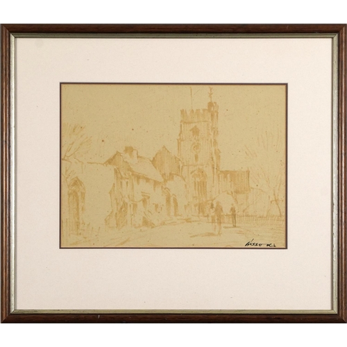 51 - Edward Wesson - Figures before a church, watercolour wash, details verso, mounted, framed and glazed... 