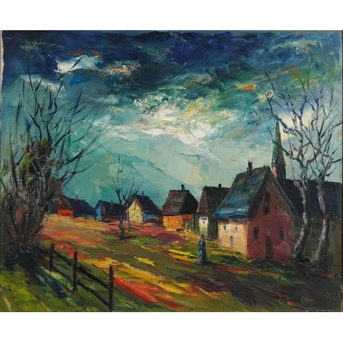 1596 - Village street scene with houses and figure, 1960s Russian school impasto oil on canvas, indistinctl... 