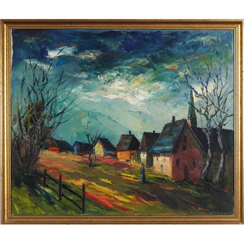 1596 - Village street scene with houses and figure, 1960s Russian school impasto oil on canvas, indistinctl... 