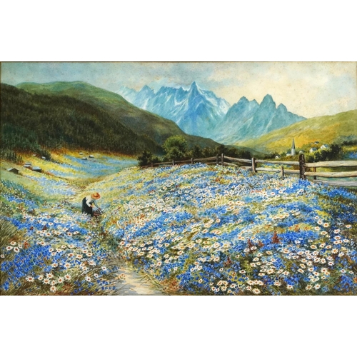 1597 - M'Whirter - Female picking flowers before mountains, late 19th/early 20th century watercolour, mount... 