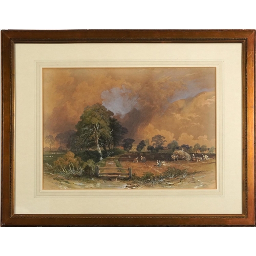 236 - Figures harvesting crops before a stately home, 19th century heightened watercolour, mounted, framed... 