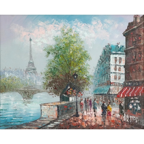 1591 - Burnett - Parisian street scene with figures before the Eiffel Tower, Impressionist impasto oil, fra... 