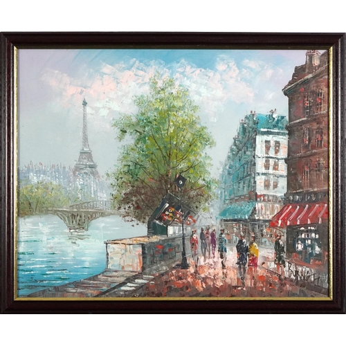 1591 - Burnett - Parisian street scene with figures before the Eiffel Tower, Impressionist impasto oil, fra... 