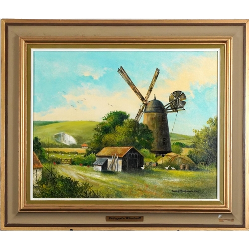 1599 - Derek C Baulcomb 2002 - Polegate Windmill, East Sussex, oil on canvas, mounted and framed, 49cm x 39... 