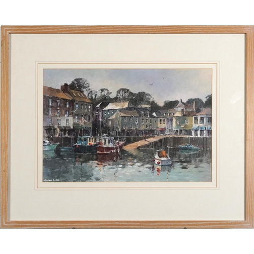 143 - Michael Hill - Harbour scene with moored fishing boats, mixed media, mounted, framed and glazed, 43c... 