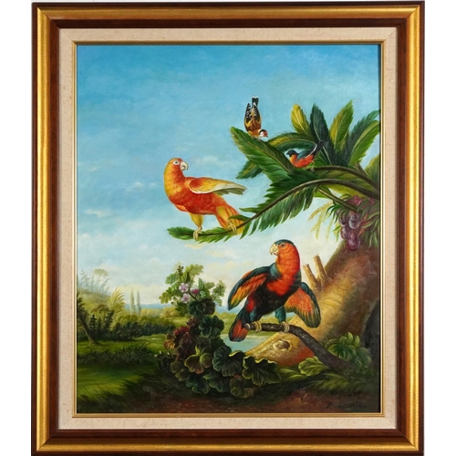 93 - Birds of paradise before landscapes, pair of Old Master style oil on canvasses, each indistinctly si... 