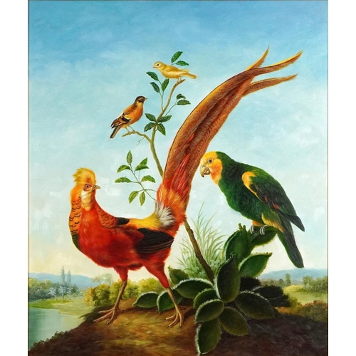 93 - Birds of paradise before landscapes, pair of Old Master style oil on canvasses, each indistinctly si... 