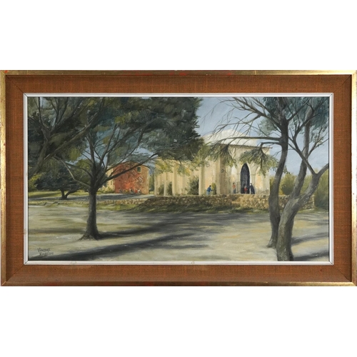 521 - Vincent Ruggiero - Figures before a place of worship, oil on canvas, mounted and framed, 90cm x 49.5... 