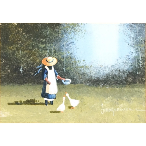 1183 - John Horsewell - Female feeding ducks, Impressionist oil, mounted, framed and glazed, 16cm x 11.5cm ... 