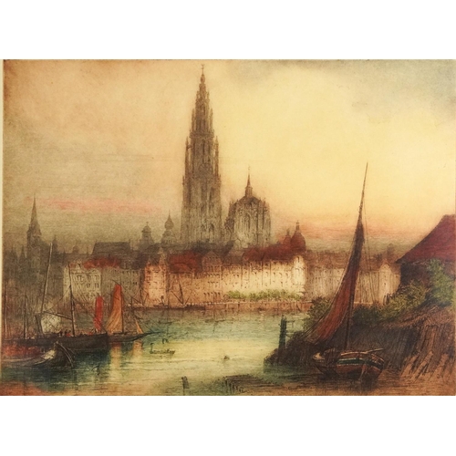 1077 - James Alphege Brewer - Antwerp, pencil signed etching in colour, mounted, framed and glazed, 57cm x ... 