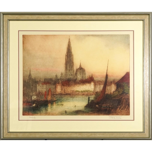 1077 - James Alphege Brewer - Antwerp, pencil signed etching in colour, mounted, framed and glazed, 57cm x ... 