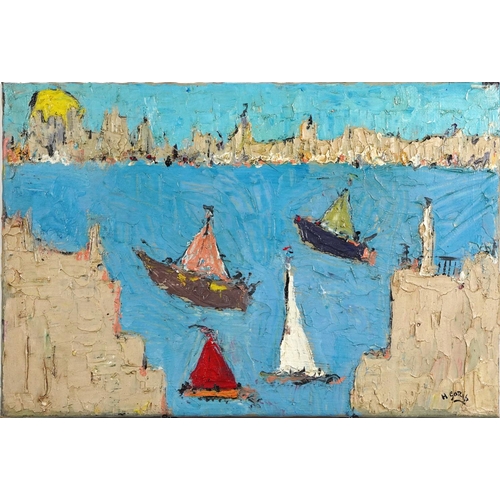 1590 - Panoramic harbour scene with boats, impasto oil on canvas, unframed, 76cm x 51cm