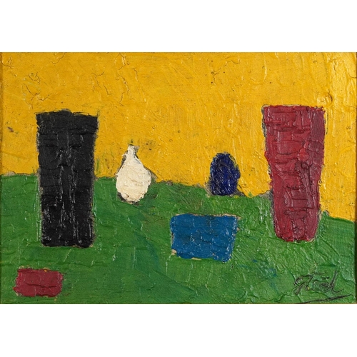 1578 - Abstract composition, still life vessels, Russian school oil on board, mounted and framed, 56.5cm x ... 