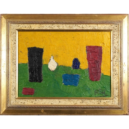 1578 - Abstract composition, still life vessels, Russian school oil on board, mounted and framed, 56.5cm x ... 