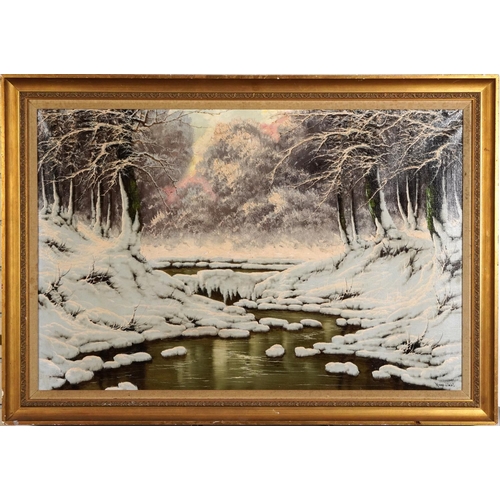 522 - Winter river landscape, Swedish school oil on canvas, 90cm x 60cm