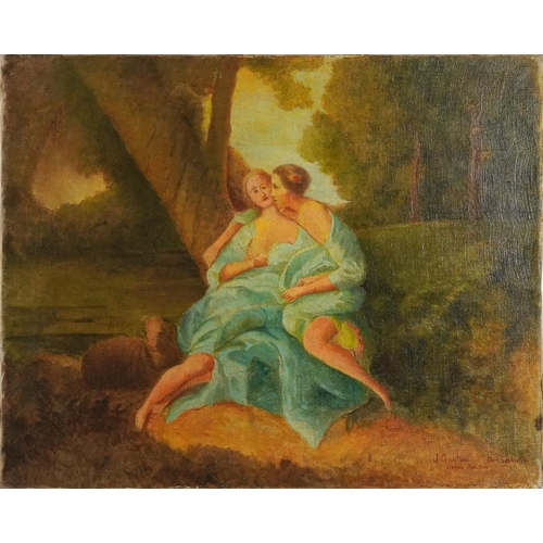 524 - Lovers and figures before landscapes, two 19th century oil on canvasses, each with various indistinc... 