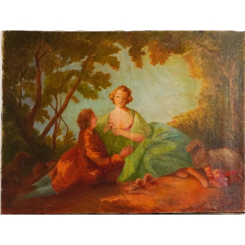 524 - Lovers and figures before landscapes, two 19th century oil on canvasses, each with various indistinc... 