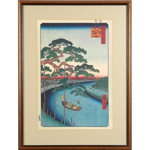 1220 - *WITHDRAWN* River landscapes with figures, pair of Japanese woodblock prints with character marks, m... 