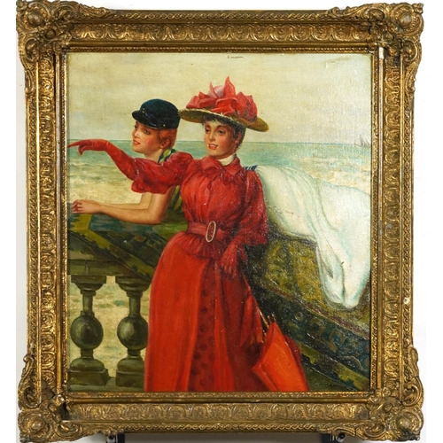 1025 - Two females wearing Edwardian dress before a coastal landscape, oil on board, mounted and framed, 43... 