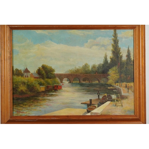 70 - Manner of Bertram Walter Priestman - River landscape with moored boats and bridge, British school oi... 