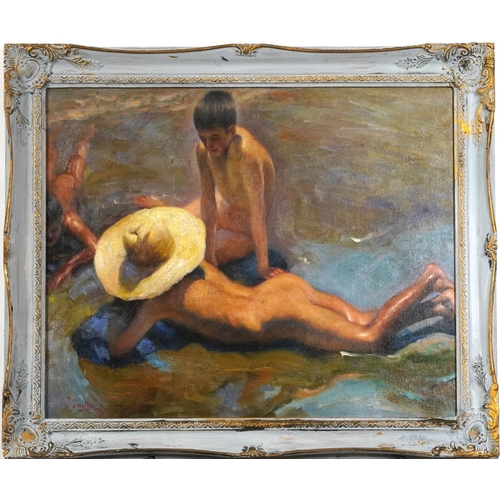 1027 - After Joaquim Sorolla - Nude figures on a beach, Spanish school oil on canvas, mounted and framed, 4... 