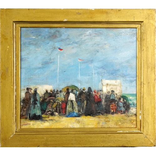 476 - Figures on a beach, French Impressionist oil on board, mounted and framed, 32.5cm x 28cm excluding t... 