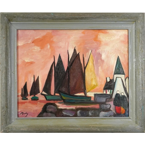 142 - Manner of Markey Robinson - Figures beside moored boats, Irish school oil on board, mounted and fram... 