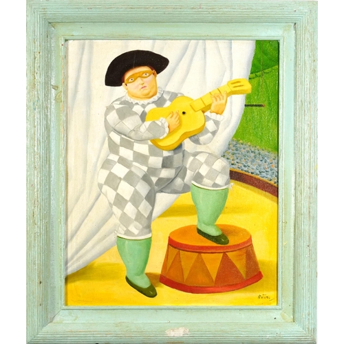182 - After Fernando Botero - Figure playing a guitar, Columbian school oil on board, mounted and framed, ... 