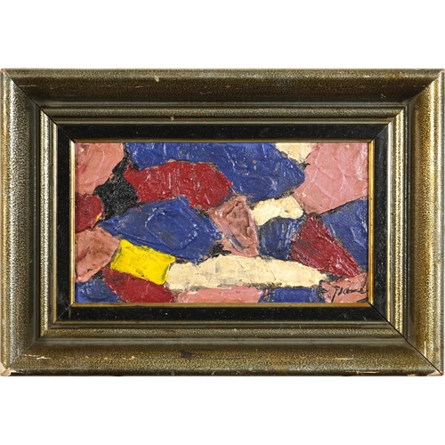 1202 - Abstract composition, geometric shapes, French school impasto oil on board, mounted and framed, 26.5... 