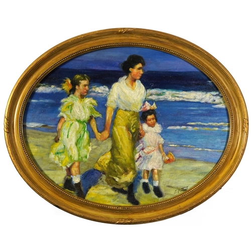 351 - Three figures walking along a beach oval oil on board, mounted and framed, 44cm x 34cm excluding the... 