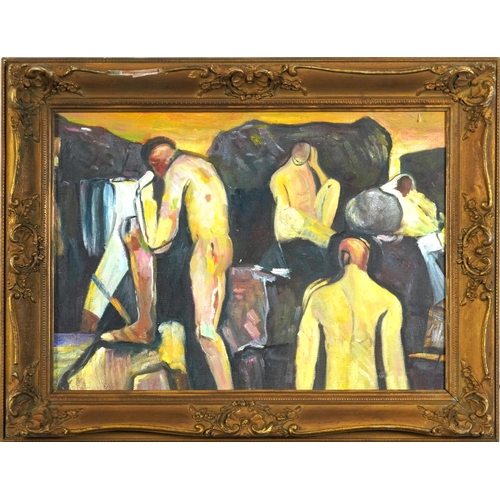 545 - Nude male figures, Impressionist oil on board, label verso, mounted and framed, 34cm x 24.5cm exclud... 