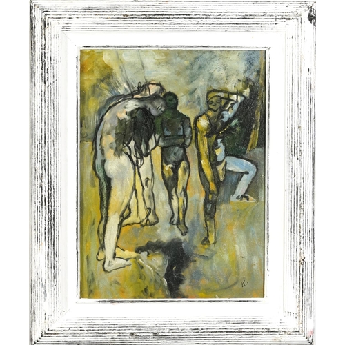 1050 - Manner of Keith Vaughan - Nude male figures,  Welsh school oil on board, mounted and framed, 40cm x ... 