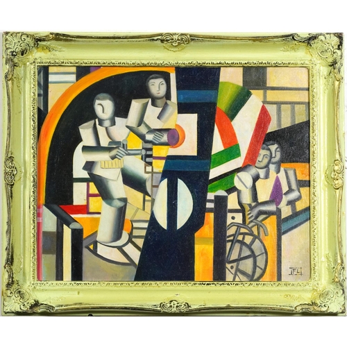 117 - Manner of Fernand Leger - Surreal composition, figures, French school oil on board, mounted and fram... 