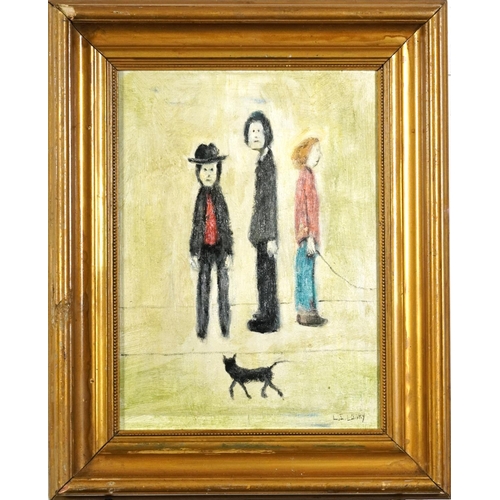 543 - Manner of Laurence Stephen Lowry - Three figures and a dog, Manchester school oil on board, mounted ... 