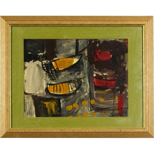 474 - Abstract composition, St Ives school oil, mounted, framed and glazed, 27cm x 21cm excluding the moun... 