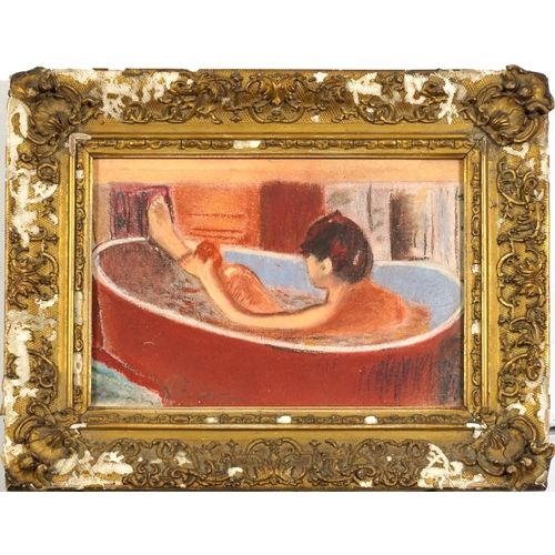 372 - After Pierre Auguste Renoir - Female in a bath, French school mixed media, label verso, mounted, fra... 