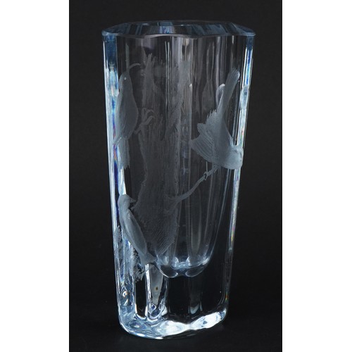 256 - Scandinavian glass vase etched with birds, etch marks and numbered 979 to the base, 14cm high