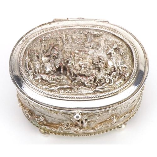 557 - French silver plated copper four footed jewel casket decorated in relief with huntsmen, impressed A ... 