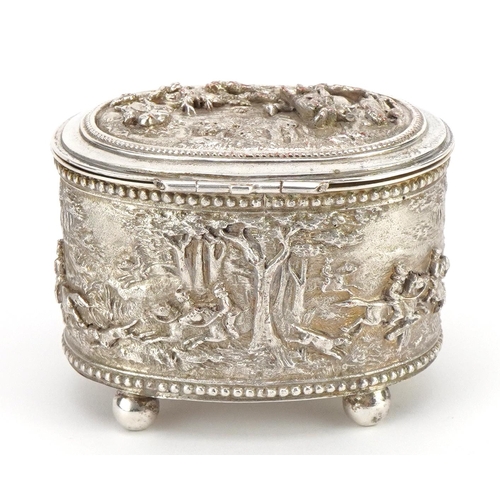 557 - French silver plated copper four footed jewel casket decorated in relief with huntsmen, impressed A ... 