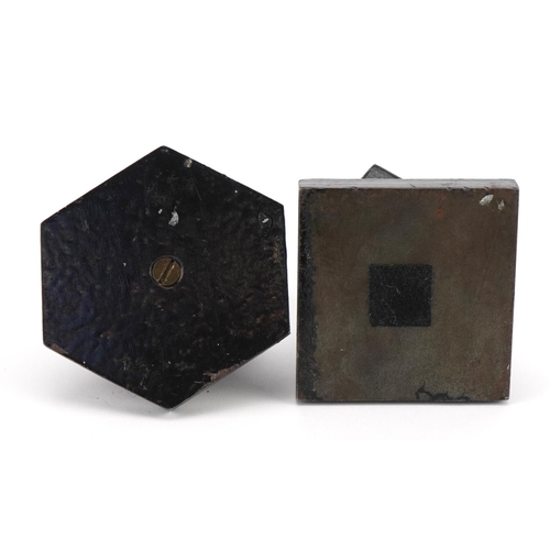 387 - Manner of Edgar Brandt, Two Art Deco style painted cast metal dice design paperweights, the largest ... 