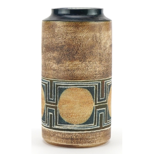 5 - Troika St Ives pottery cylindrical vase hand painted with discs within a stylised geometric band, 20... 