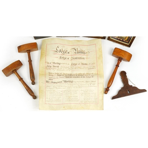 326 - Victorian and later masonic regalia comprising vellum Lodge of Unity Instruction no 183 with japanne... 