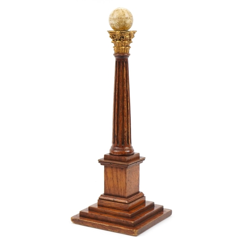325 - Victorian masonic oak Doric warden's column with globe terminal, 42cm high