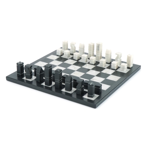 2003 - Black slate and white marble chess set with board, the largest piece 4.5cm high, the board 22cm x 22... 