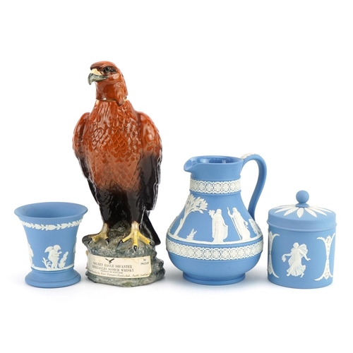 1243 - Beswick Golden Eagle decanter and Wedgwood Jasperware including jug decorated with classical figures... 