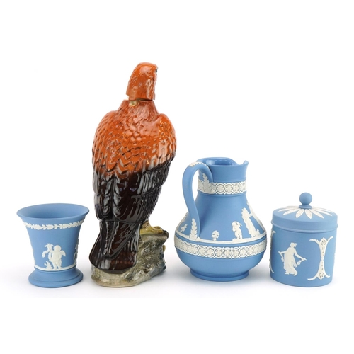 1243 - Beswick Golden Eagle decanter and Wedgwood Jasperware including jug decorated with classical figures... 