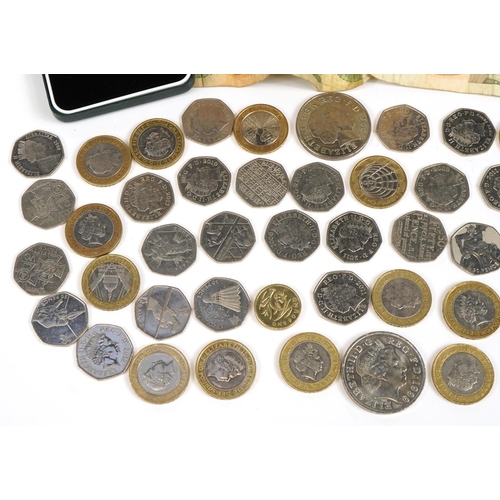 2402 - British coinage including two pound coins and fifty pence pieces, various designs