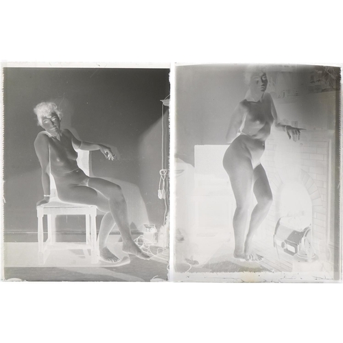 2475 - Two vintage black and white glass photographic slides of nude females, each 11cm x 8.5cm